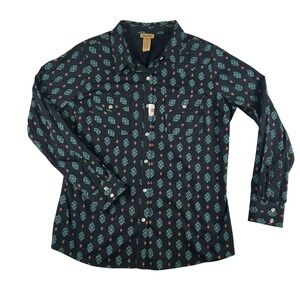 Wrangler Shirt Womens XL Black Aztec Pearl Snap Western Rodeo Southwest Print